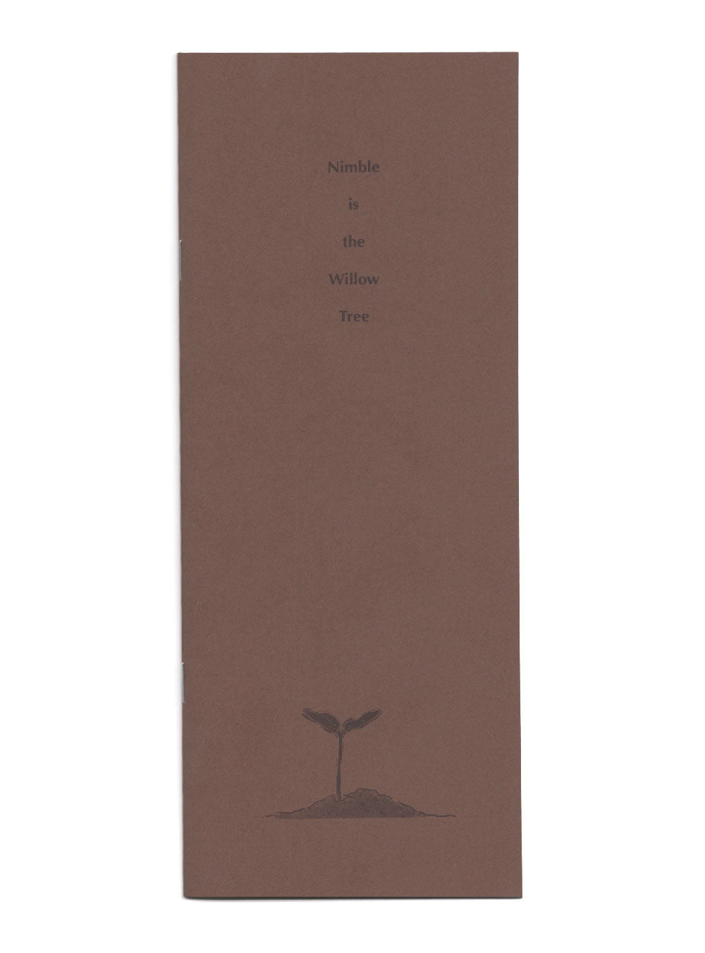 A scan of the cover of the zine. Each word of the title is stacked vertically  in a small sansserif font printed in purple Risograph ink on a warm brown paper. Below it, a small illustration of a seedling emerging from a pile of dirt is printed in the same color. 