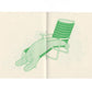 A spread of the zine risograph printed in green. In the illustration, one ‘blob’ character is laying backwards in a striped beach lounge chair with a blank look on their face. 