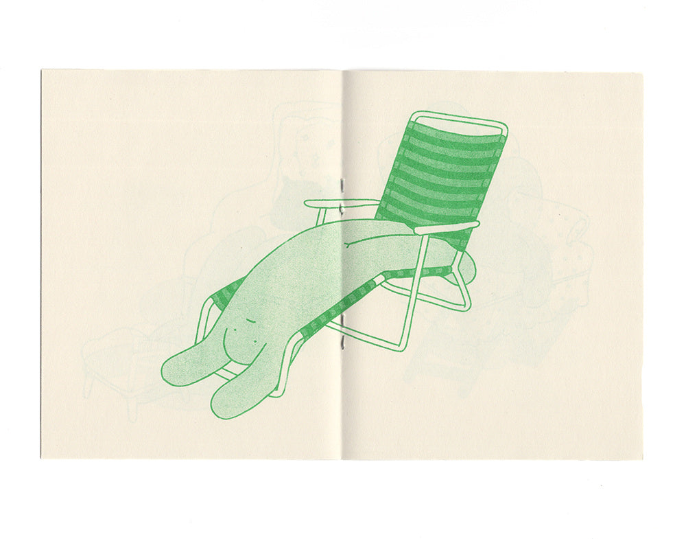 A spread of the zine risograph printed in green. In the illustration, one ‘blob’ character is laying backwards in a striped beach lounge chair with a blank look on their face. 