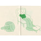 A spread from the zine, risograph printed in green. In the illustration there are two blobs interacting with two separate charis. The one on the left has their head rested on a low round stool with their legs encircling the legs of the stool, one visible arm draping to the ground, and a blank look on their face. The second blob has their arms and back on the ground and their legs up on the seat cushion of a plush arm chair. A ottoman is over the blobs face and only one eye can be seen peaking out from under