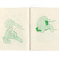 A spread from the zine, risograph printed in green. In this illustration here are two blobs interacting with two separate charis. On the left a blob sits on the ground, faintly smiling while they stick their head through the armhole of a lawn chair and hold one of the front chair legs with their left arm. On the right a blob looks more expressionless as they straddle a tipped over school chair backwards. 