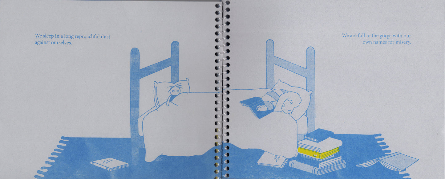 An open spread of the zine, printed on gray paper with a clear coil binding at the center. Across the spread is an illustration of a bed with a sleeping dog in striped pajamas clutching an opened book in one paw. At the other end, a doll is tucked in leaning again a pillow. A rug is placed under the bed and various books are stacked and spread out on it, including one yellow book with a moon sliver on the spine. The text is placed in the two upper corners of each page. 