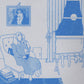 A page from the zine, risograph printed on gray paper with a clear coil binding. A more adult-like basset hound in a long dress is sewing an eye onto a doll. The dog sits in a plush armchair, with a stack of books at her feet, and a rack of drying socks and gloves nearby. On the wall behind is a framed picture of author Djuana Barnes, a tiny door with a key hold, and a window with large striped drapes that looks out onto a starry night sky with a full moon. 