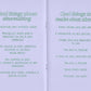 An open spread of the book, Risograph printed in green on light purple paper. On the left page are line drawings of various book making materials; a stapler, paper, ruler, pencil, scissors, and bottle of glue. The right page has the word “Goals” in a large cool serif outlined font, with 4 bullet points for what the zine hopes to impress upon it’s readers.