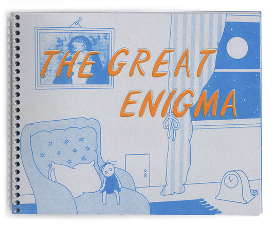 The cover of the zine, risograph printed on gray paper with a clear coil binding. A goldenrod yellow title is fashioned across the center in the “Goodnight Moon” font. In the background, printed in cornflower blue, is a bedroom scene including a doll in a plush armchair, a framed image of author Djuana Barnes, a clock, rug, door in the wall, and a window with a striped curtain looking out onto a starry night sky and a large full moon.