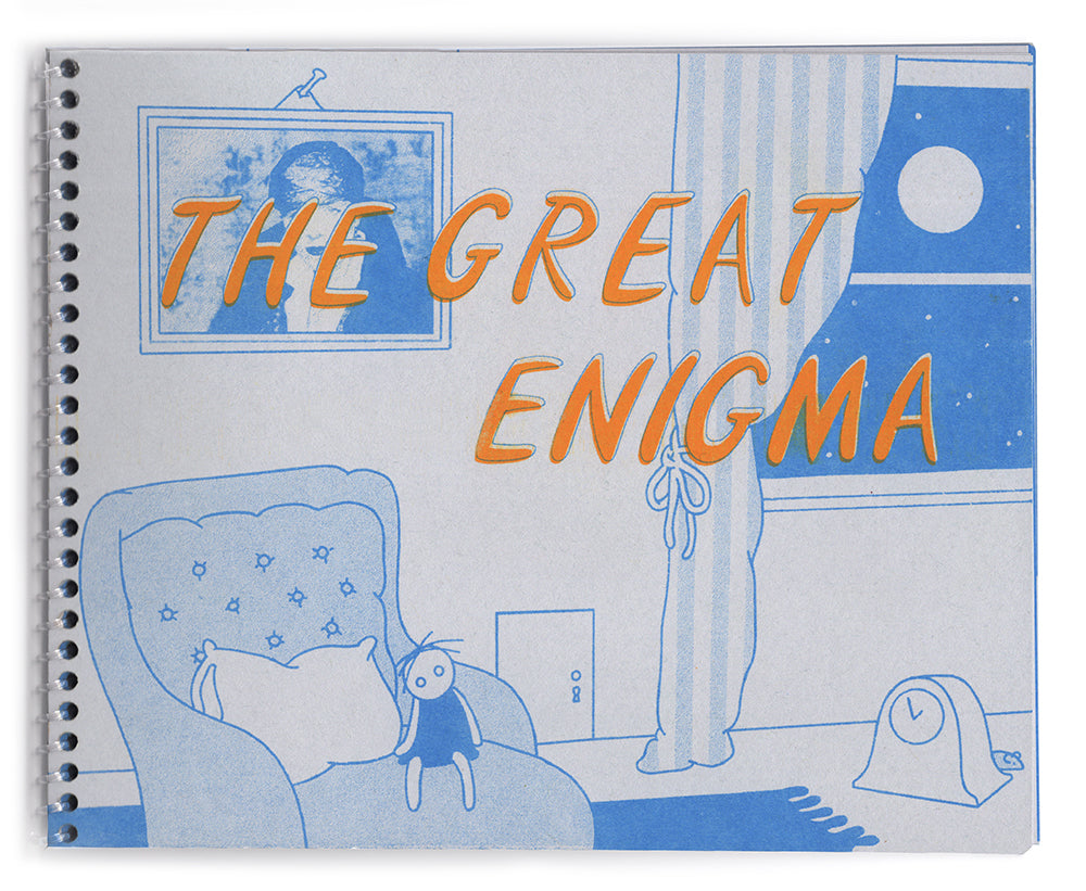 The cover of the zine, risograph printed on gray paper with a clear coil binding. A goldenrod yellow title is fashioned across the center in the “Goodnight Moon” font. In the background, printed in cornflower blue, is a bedroom scene including a doll in a plush armchair, a framed image of author Djuana Barnes, a clock, rug, door in the wall, and a window with a striped curtain looking out onto a starry night sky and a large full moon.  